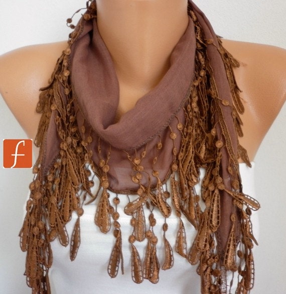 Brown Scarf - Cotton Scarf -  Cowl with  Lace Edge