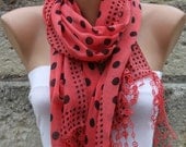 BIG SALE Polka Dot Scarf - Red  Scarf -  Cotton Scarf  Cowl with  Lace Edge - fatwoman