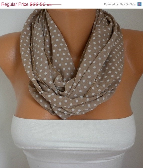 BIG SALE Beige Scarf Polka Dot Infinity Scarf Shawl Circle Scarf Loop Scarf Gift - for her -- fatwoman