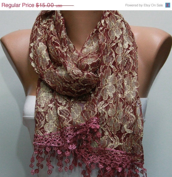 BIG SALE Cinnamon Silvery Scarf -  Cowl with Lace Edge by Fatwoman