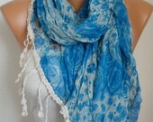 BIG SALE Blue Scarf  Cotton  Scarf - Shawl -  Cowl Scarf  with Lace Edge  - fatwoman- Blue Roses - Beach wear
