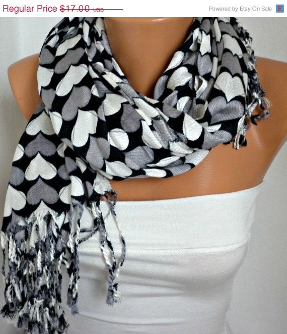 BIG SALE Heart  Scarf  Pashmina Scarf Women  Scarf  Shawl Scarf -  Cowl Scarf with Heart  - Multicolor - Gray White Black - fatwoman