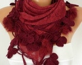 BIG SALE Burgundy Scarf  - Wine Scarf  - Cowl Scarf with Pompom Lace Edge - for her fatwoman