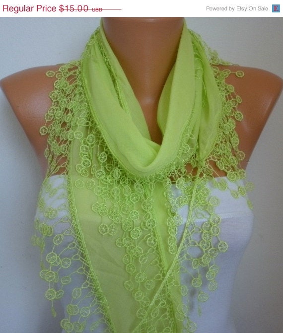 BIG SALE Pistachio Scarf Lime Shawl Scarf - Cotton  Scarf -  Cowl with Lace Edge   - fatwoman