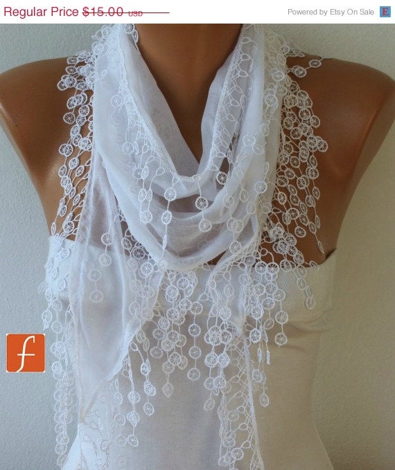 BIG SALE White Scarf Cotton  Scarf -  Shawl - Cowl Scarf with Lace Edge   - White Scarf - fatwoman - Bridesmaids Gifts