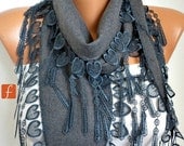 BIG SALE Gray Scarf  -  Pashmina Scarf  -  Cowl Scarf with Lace Edge - fatwoman