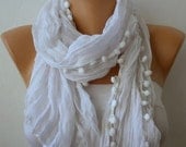 BIG SALE White Scarf Women Shawl Scarf - Cowl Scarf pompom - Off White