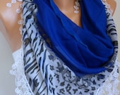 BIG SALE  Cobalt Blue Scarf Shawl - Cotton Scarf Weddings Scarves - Cowl White Lace Edge