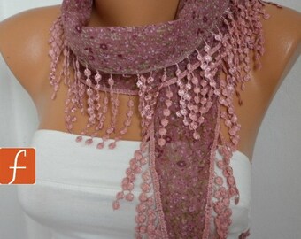 Cinnamon Scarf   Cotton Scarf  Cowl Scarf with Lace Edge  Flowers Floral Spring  Multicolor Gift  - bridesmaid gift - fatwoman