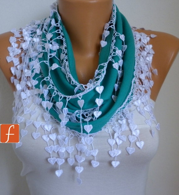 Teal Scarf  -  Pashmina Scarf  -  Cowl Scarf with Lace Edge - fatwoman