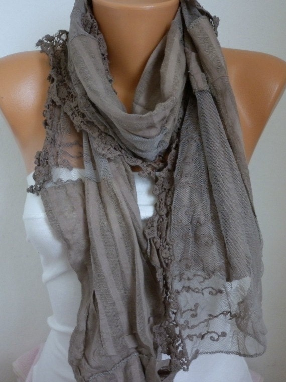 Beige  Shawl Scarf -  Cotton - Lace Scarf Cowl  - Bridesmaid Gift for her mom - fatwoman