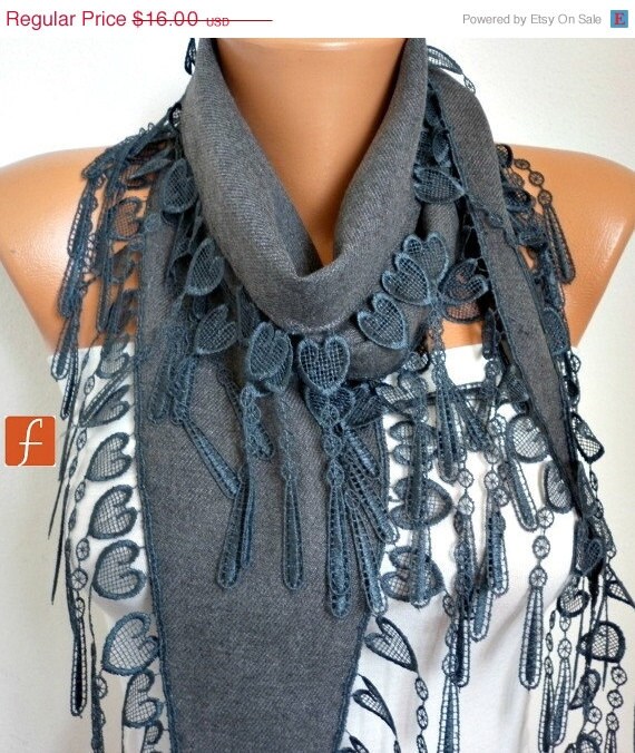 BIG SALE Gray Scarf  -  Pashmina Scarf  -  Cowl Scarf with Lace Edge - fatwoman