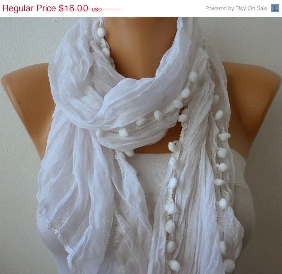 BIG SALE White Scarf Women Shawl Scarf - Cowl Scarf pompom - Off White