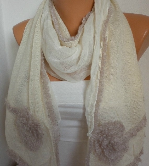 Beige Fabric Knitted Scarf - Shawl Scarf  Flower Scarf - Cowl Scarf - fatwoman
