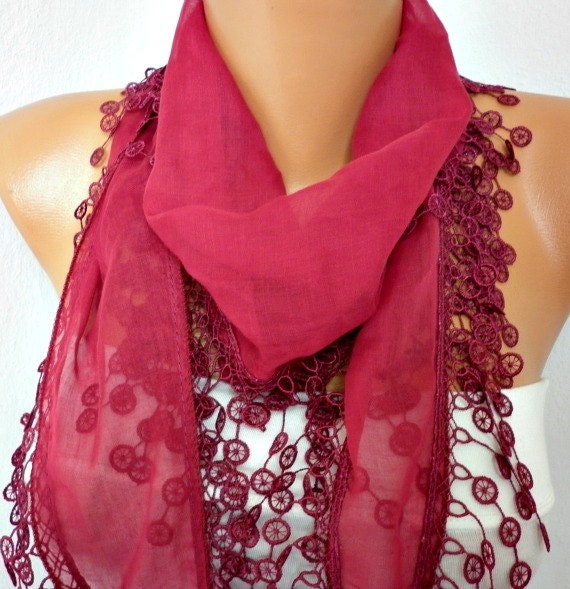 Burgundy  Scarf  - Cotton  Scarf -  Cowl with Lace Edge   - fatwoman