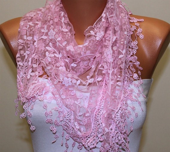 Women Shawl Scarf - Cowl Scarf - Lace Scarf -Pink - fatwoman