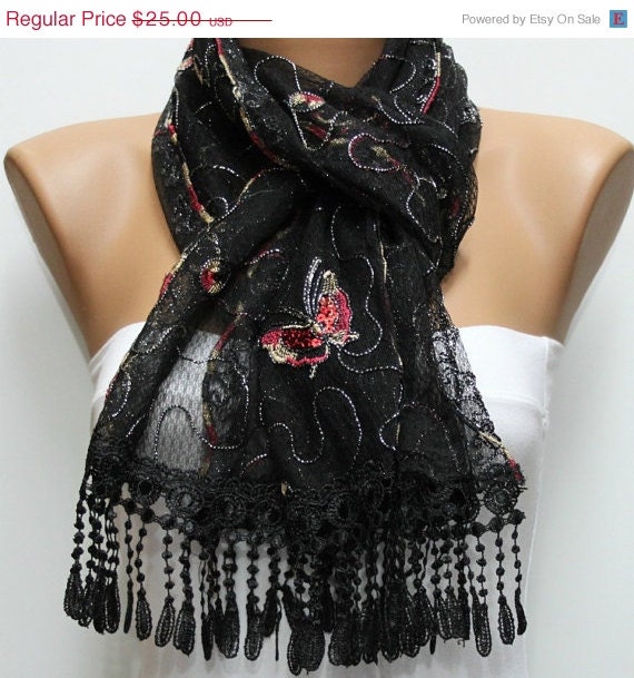 BIG SALE Red Black Scarf - Cowl with Lace Edge - Butterfly Scarf with Sequin