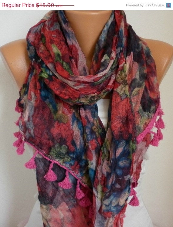 BIG SALE Floral  Scarf - Cotton Scarf - Shawl - Cowl Scarf with Lace Edge - fatwoman- Red Flowers - Beach wear