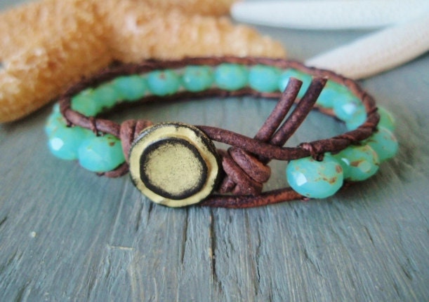 Beachy leather wrap bracelet "Lil Surfer Girl" rustic aqua seafoam sea opal glass, skinny stack bracelet, boho beach chic
