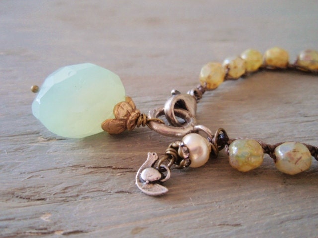 Cottage chic crochet necklace - Summer Glow - blue green chalcedony sterling silver rustic beige opal glass dove summer