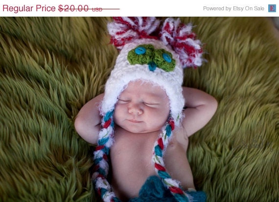 ON SALE Fuzzy white  Owl Hat accented with red- green and teal blue- - Ready to ship- NEWBORN