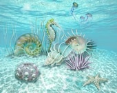 Water World...original digital painting, print, home decor, sea shells, oceanscape