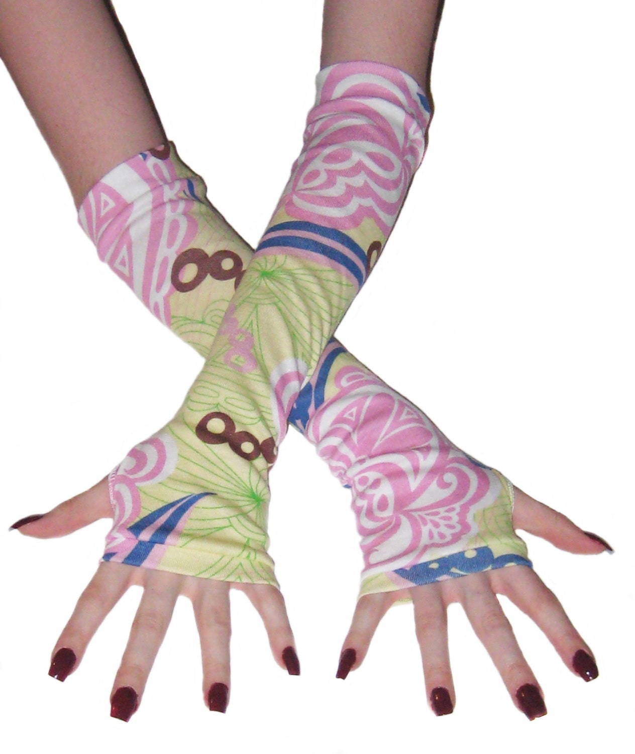 Pink Lemonaide Arm warmers made of cotton jersey knit with an abstract yellow green brown blue print - Handmade