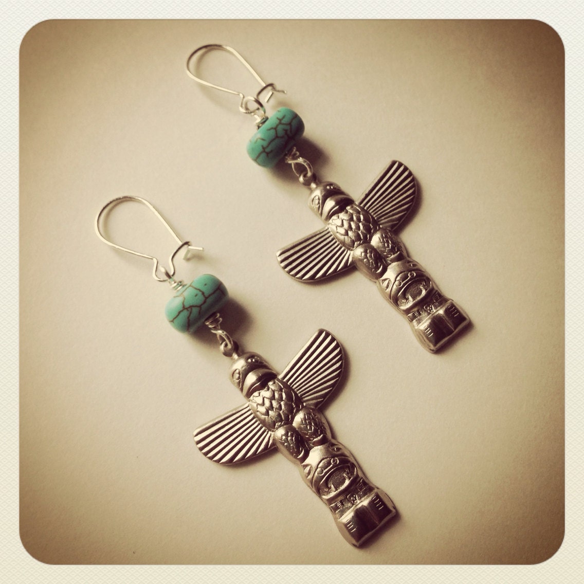 Totem Pole Dangles-Silver and Turquoise Hand stamped Totem Pole Earrings, Native, Tribal