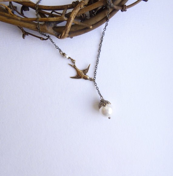 Antiqued Gold Swallow Bird with Cream Pearl -- Antiqued Brass Necklace -- Sale
