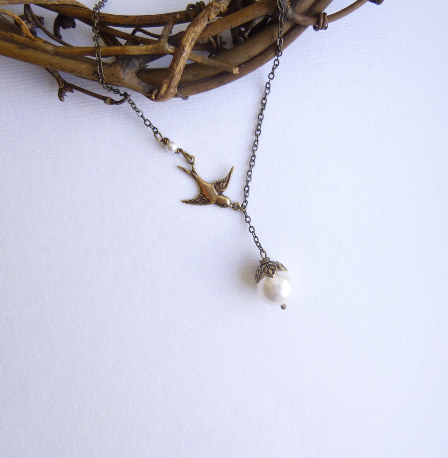 Antiqued Gold Swallow Bird with Cream Pearl -- Antiqued Brass Necklace -- Sale