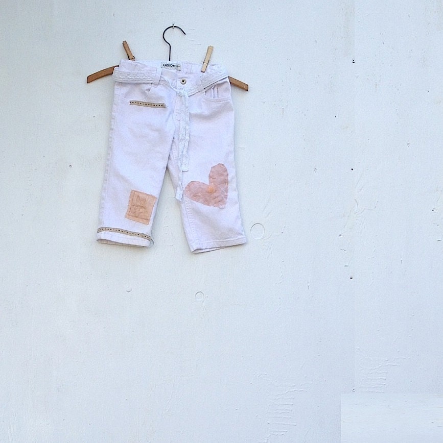 eco white spring summer fun tulle trim heart 6x girl jeans capri upcycled white denim high end  pants hand stamped fun eveteam