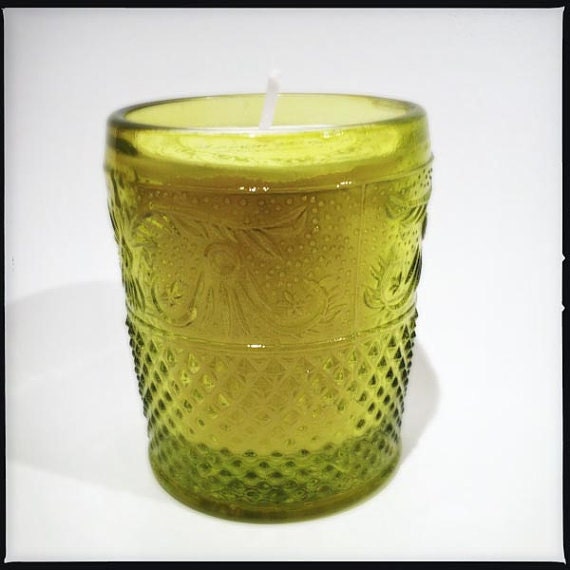 Sweet pea scented, chartreuse vintage style embossed glass soy candle Mothers Day / Bridesmaid gift / Wedding gift idea