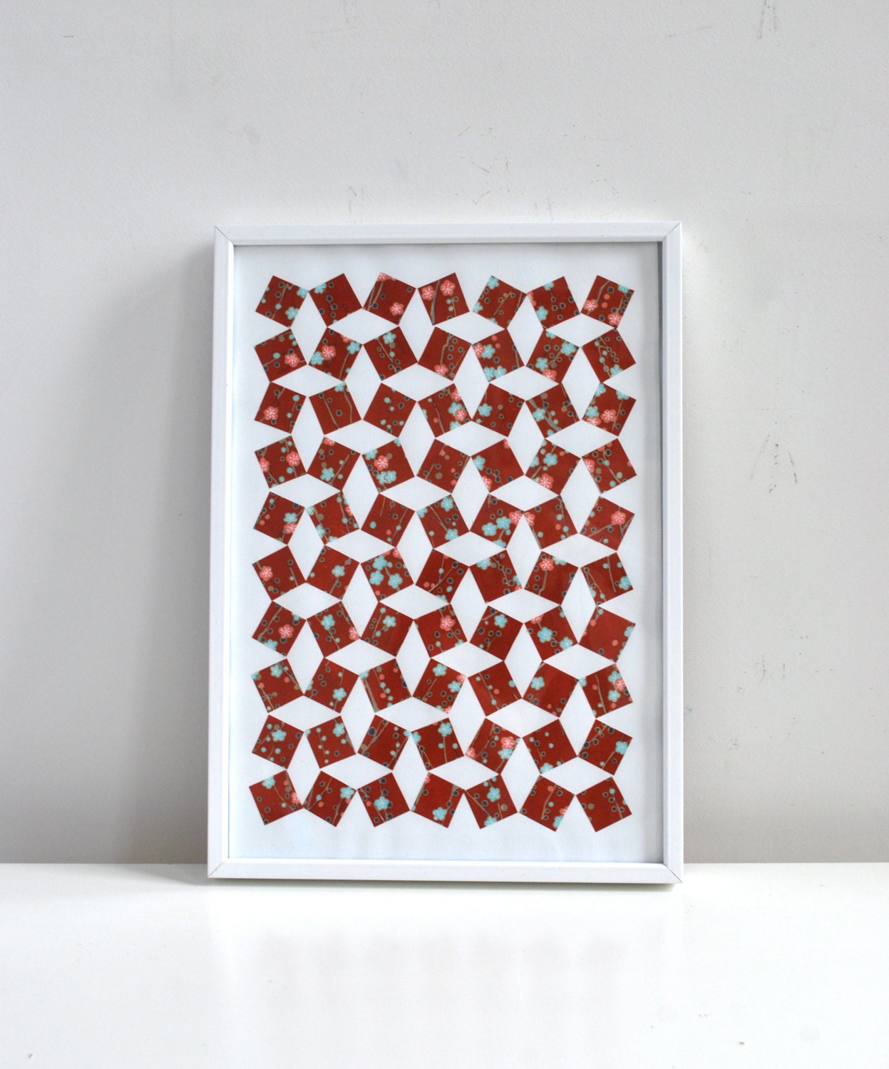 Red and white art, Japanese Chiyogami paper collage, handmade home decor