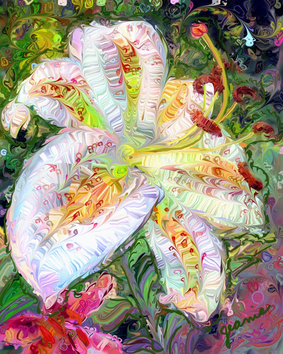 Capture a Lily in white with red freckles. Vibrant colors of blue, yellow, orange, red with whimsy add fun to a room.