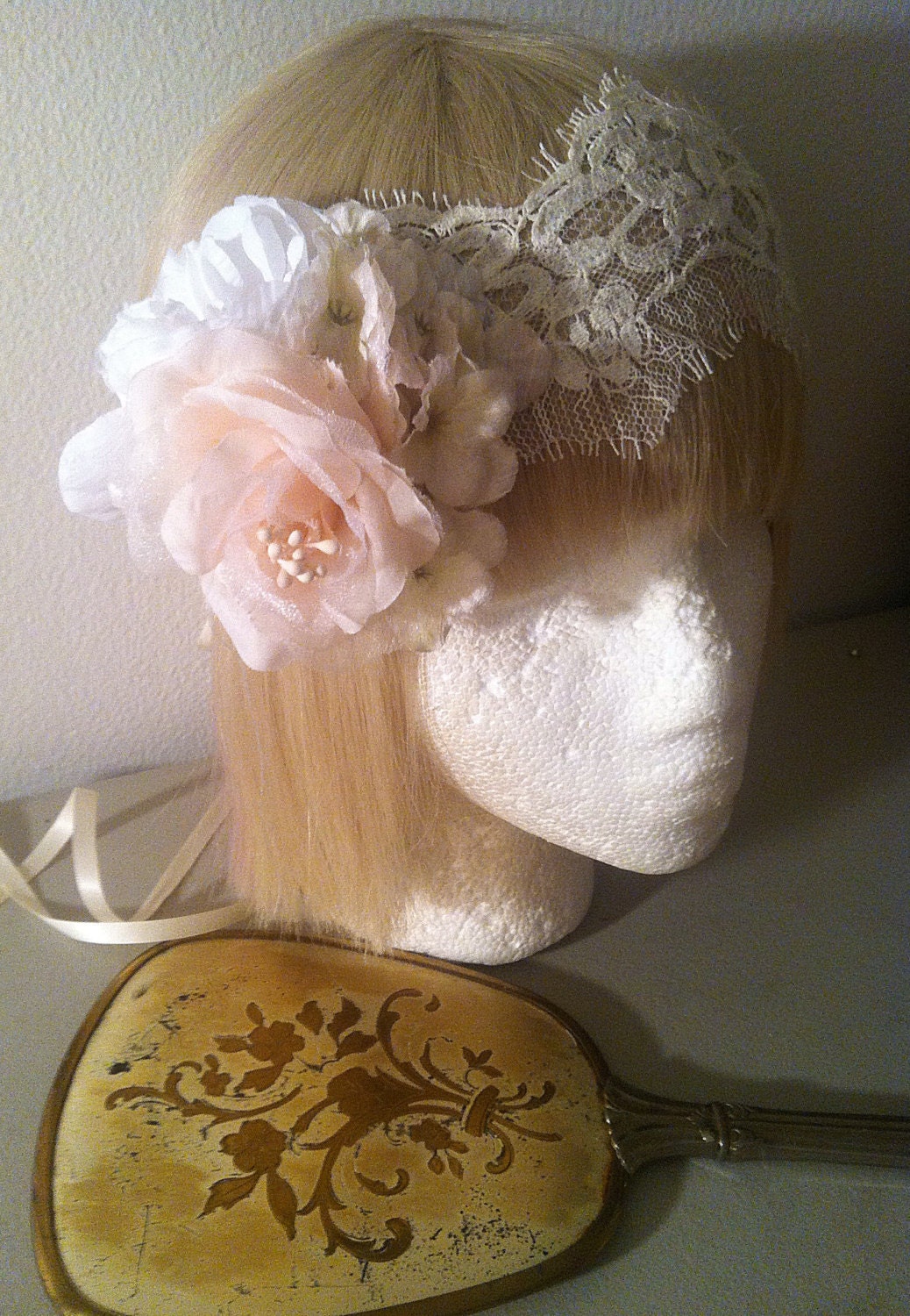 SALE-The Natasha-1920s Floral Cluster Ivory Lace Bandeau Eyelash Veil-Rose Headpiece Vintage Bohemian Bride Wedding-Romantic  Downton Abbey