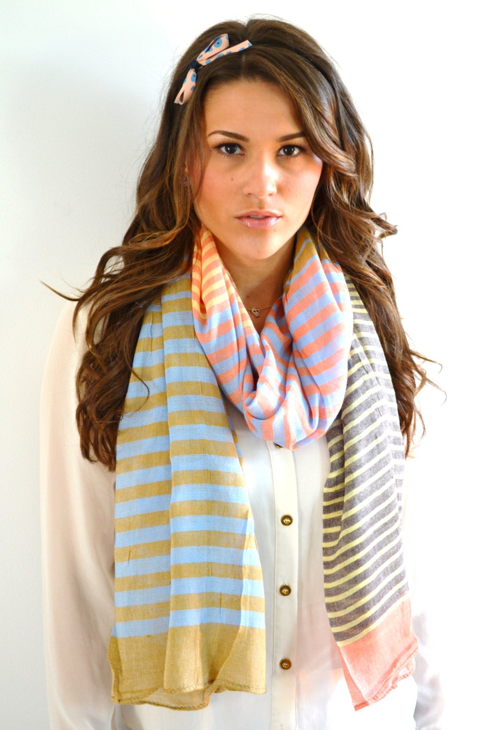 BLUE & CORAL Color Block Nautical Stripes Sailor Boating Unisex Cotton Linen Summer Scarf Shawl Wrap Gift Idea Fashion Accessory