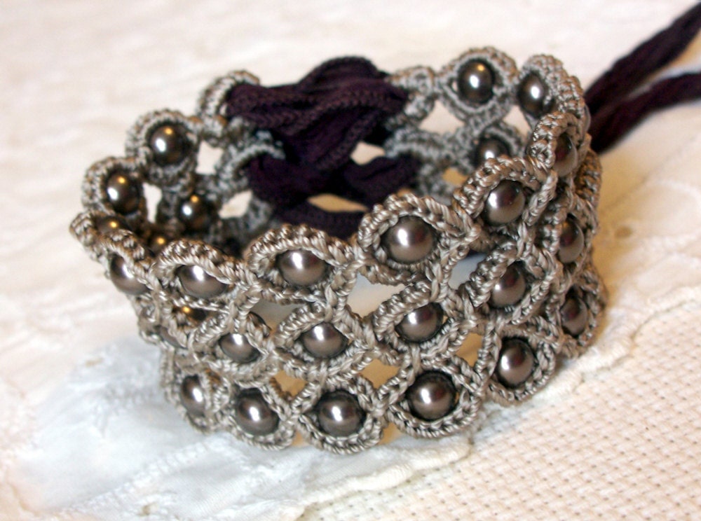 Crochet Jewelry, Bohemian Bracelet or Cuff, Natural brown shades - adjustable