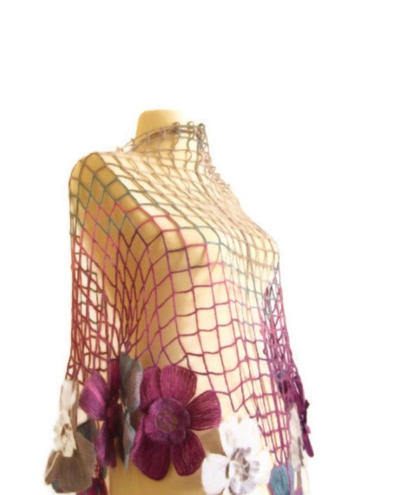 CROCHET SHAWL purple grey  Flower Mohair Triangle  wedding bride   scarf wrap warm collar