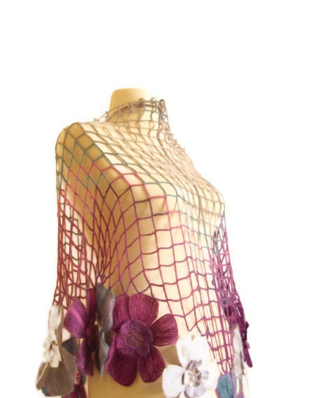 CROCHET SHAWL purple grey  Flower Mohair Triangle  wedding bride   scarf wrap warm collar