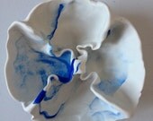 Beach style marbled white and blue sculpted polymer clay decorative round quatrefoil bowl, beach decor