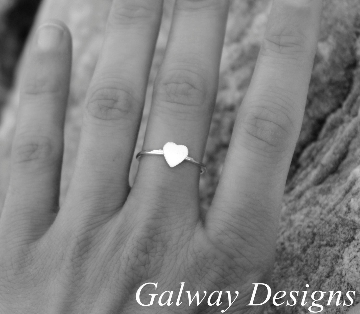 Sterling Silver Hammered Ring with Dainty Sterling Silver Heart - stackable ring - modern minimalist jewelry