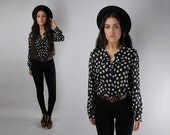 Vintage Black White Polka Dot Sheer Ruffled Collar Top Shirt Blouse / Medium
