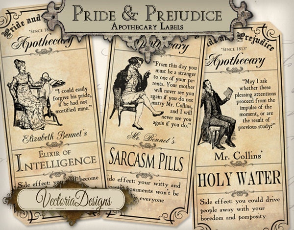 Pride and Prejudice Apothecary Labels printable gift tags digital Collage Sheet VD0378
