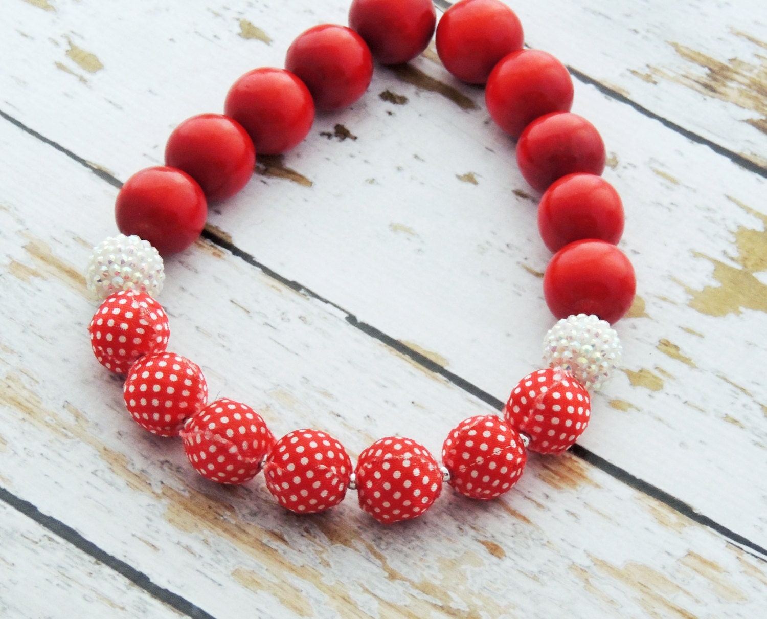 Red and White Chunky Beaded Bubblegum Necklace, Picnic In The Park