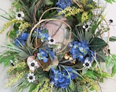 Gardening Spring & Summer Outdoor Wreath With clay pots, Mushrooms, and Blur Hydrangeas