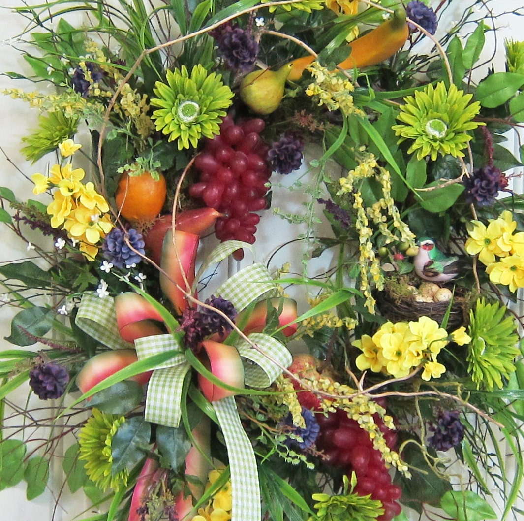 XXL Wild & Woodsy Birch Front Door Wreath Filled With Fruit, Flowers, Bird, Nest, and Double Bow