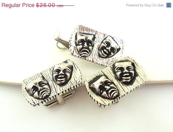 Comedy and Tragedy Mask Cuff Links and Tie Clip - Silver Tone