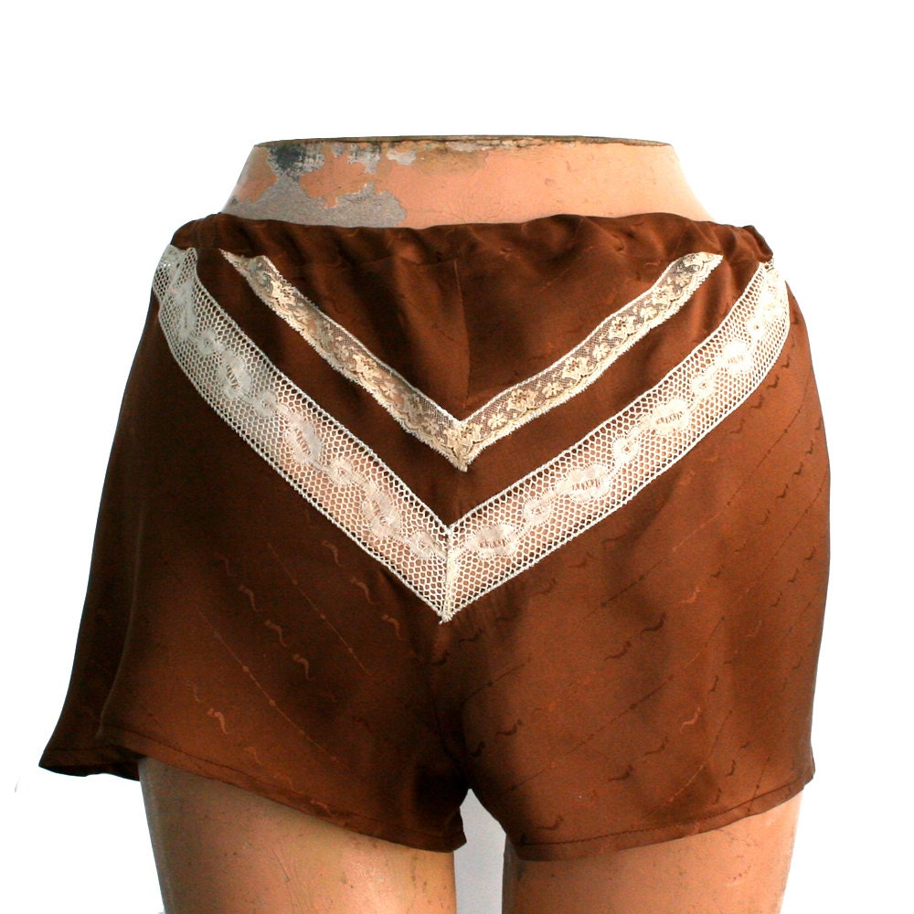 Silk Lingerie Shorts Panties Lace / Brown Ivory Chevron Vintage Jacquard / Small - Alma Garconne Tap Shorts