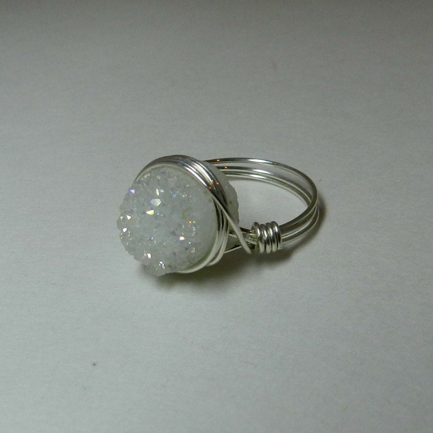 White Druzy Ring, Sterling Silver Ring, Wire Wrapped Ring