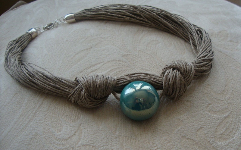 Natural linen necklace with ceramic bead / summer color necklace / turquoise green / eco necklace
